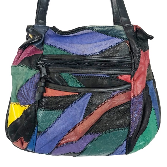 VINTAGE 80s Postmodern Multicolor Leather Patchwork Satchel Shoulder Bag - Picture 3 of 9
